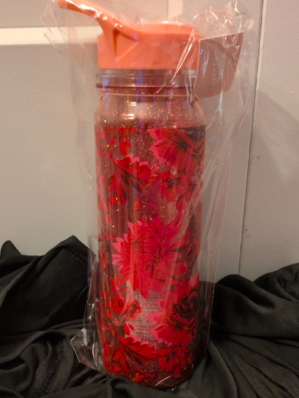 Floral Glitter Water Bottle with Pink Lid